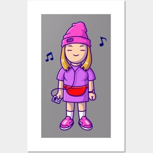 Cool Girl Listening Music With Earphone Cartoon Posters and Art